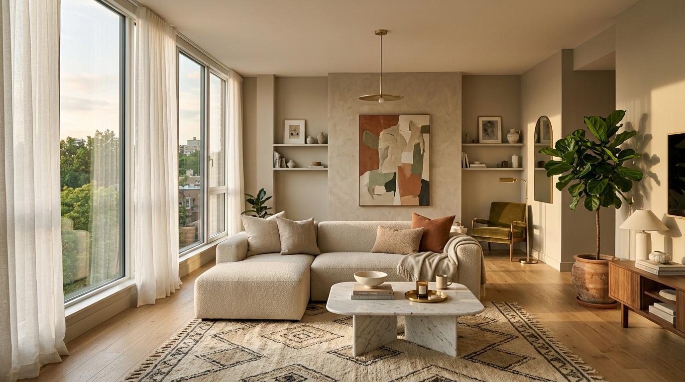 Salon contemporain avec canapé beige, baies vitrées et décoration épurée