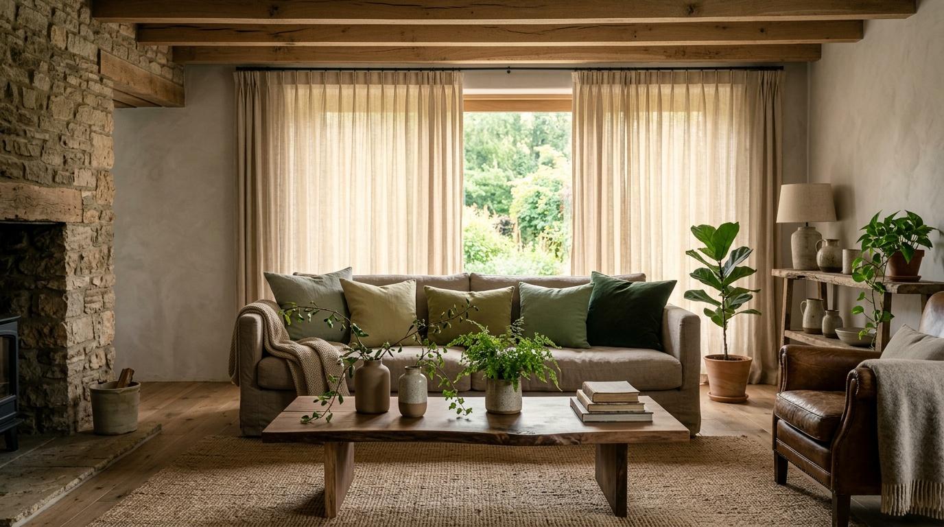 Salon moderne avec canap&eacute; gris, plantes et grandes fen&ecirc;tres.