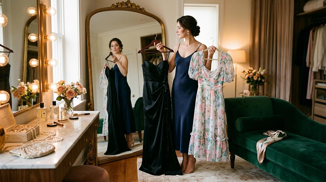 Femme essayant des robes formelles dans un dressing luxueux