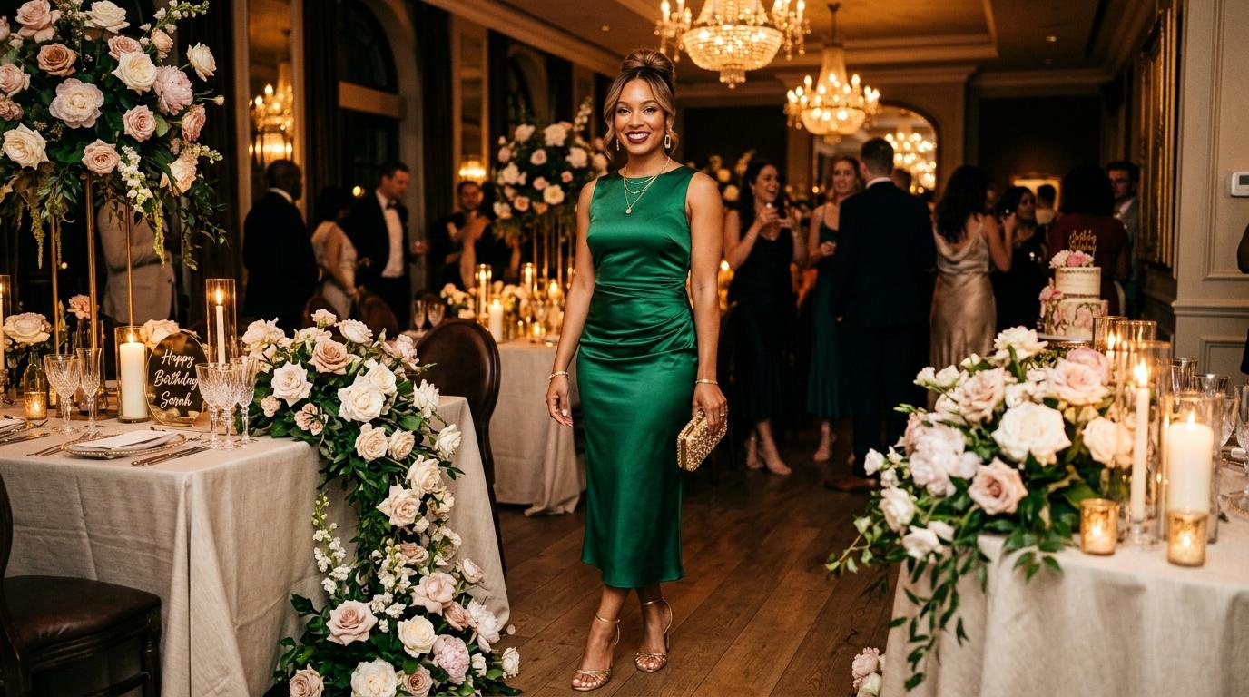 Femme en robe verte à une réception festive luxueuse