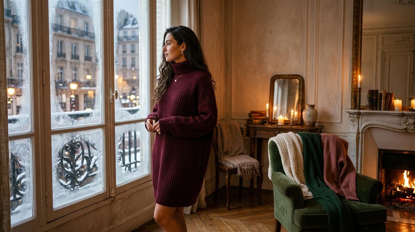 Femme en pull bordeaux regardant par fenêtre givrée, intérieur chaleureux