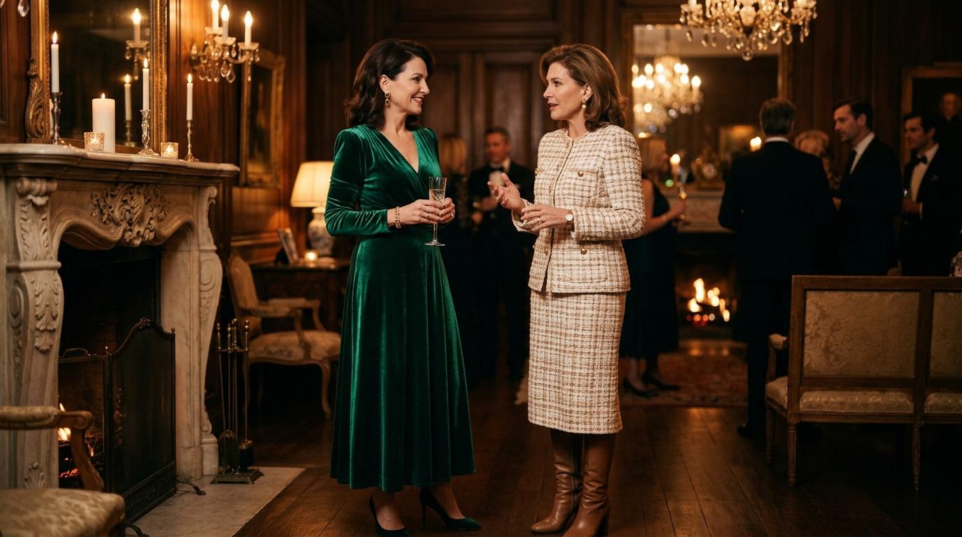 Deux femmes conversent lors d'une réception formelle luxueuse.