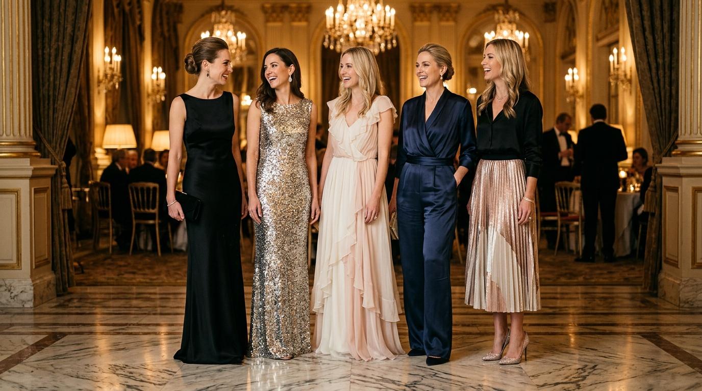 Cinq femmes en tenues de soir&eacute;e dans un palais luxueux