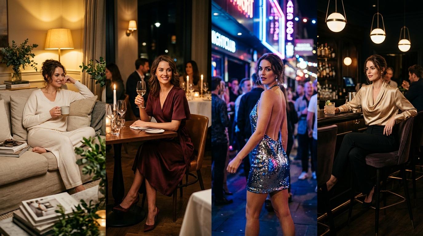 Femmes v&ecirc;tues &eacute;l&eacute;gamment dans diff&eacute;rents lieux nocturnes urbains