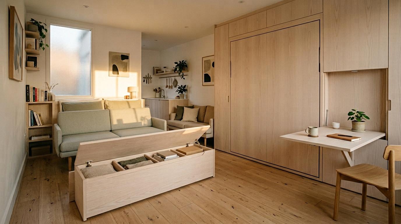 Petit studio avec lit coffre, canapé, bureau intégré et rangements.