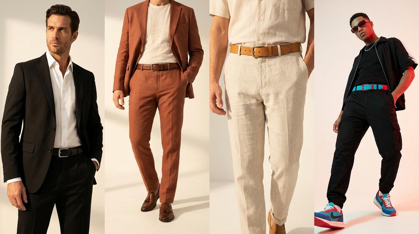 Quatre hommes portant diff&eacute;rents styles de ceintures de mode