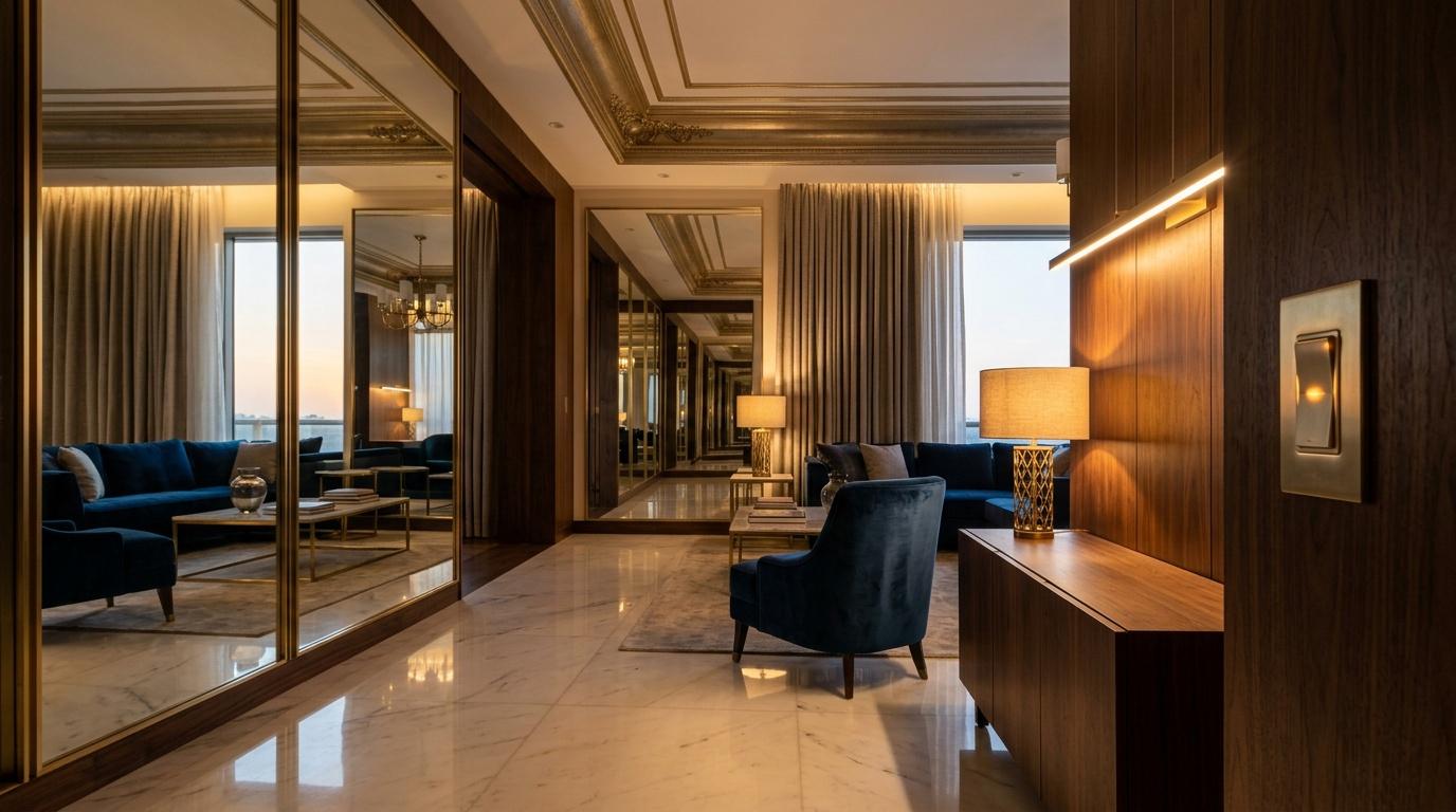Suite h&ocirc;tel luxe avec salon, miroirs dor&eacute;s et mobilier bleu