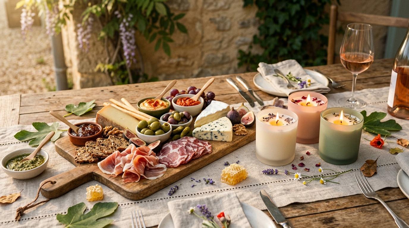 Table outdoor avec plateau charcuterie, fromages, olives et vin ros&eacute;