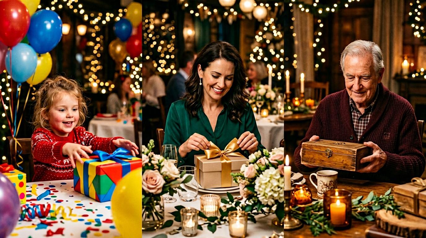 Enfant, femme et homme ouvrent des cadeaux &agrave; No&euml;l