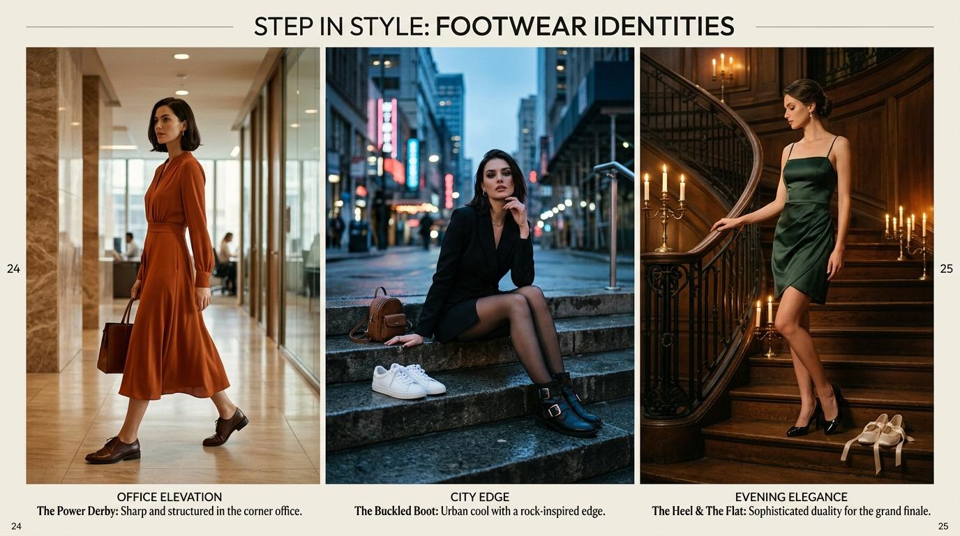 Trois femmes portant des chaussures distinctes dans diff&eacute;rents contextes.