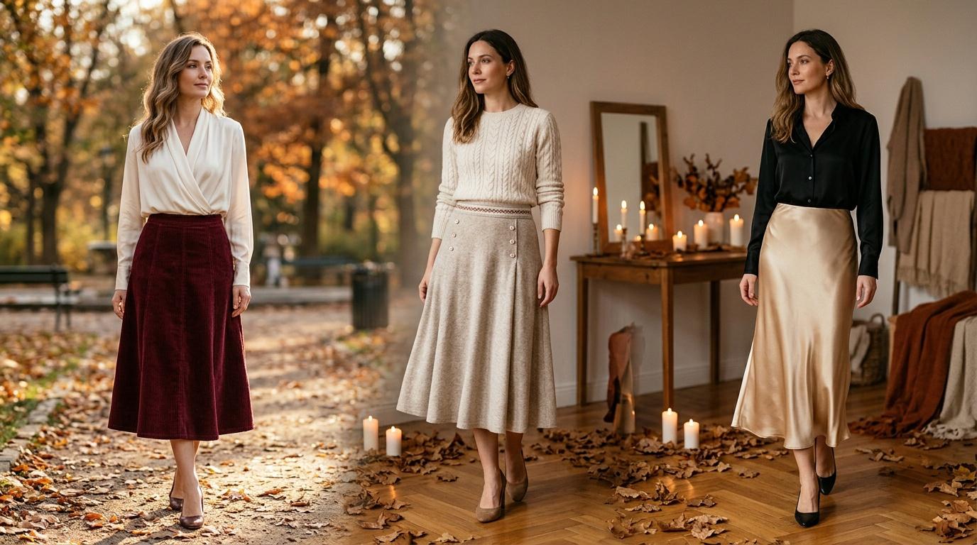 Trois femmes portant des tenues automnales sophistiqu&eacute;es et &eacute;l&eacute;gantes.