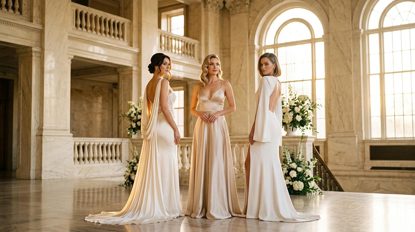 Trois femmes en robes blanches et beiges dans un palais lumineux