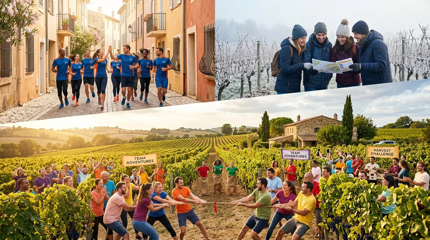 Groupes participants &agrave; des activit&eacute;s teambuilding dans diff&eacute;rents paysages europ&eacute;ens
