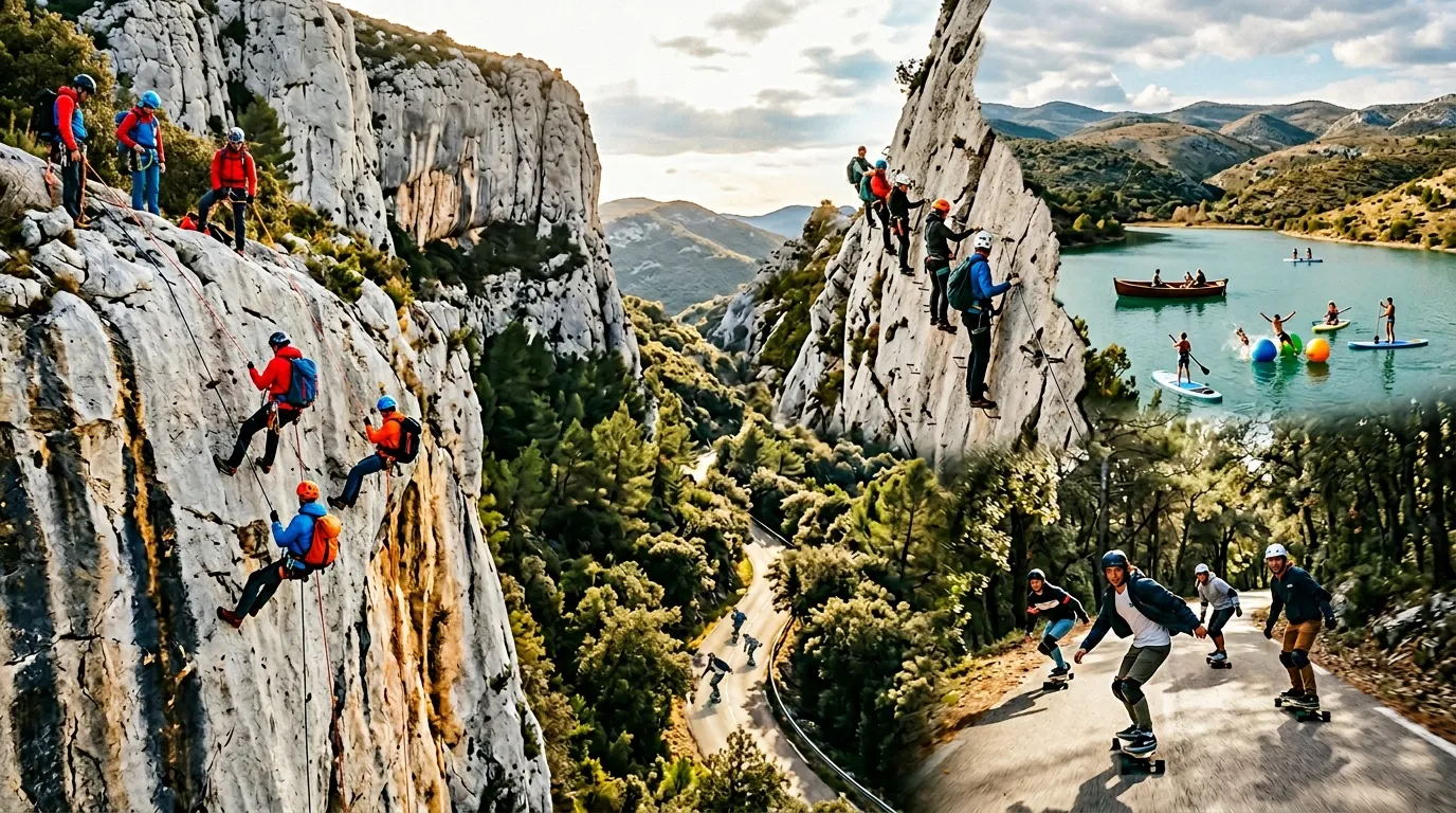 Escalade, skateboard et sports nautiques en canyon montagneux