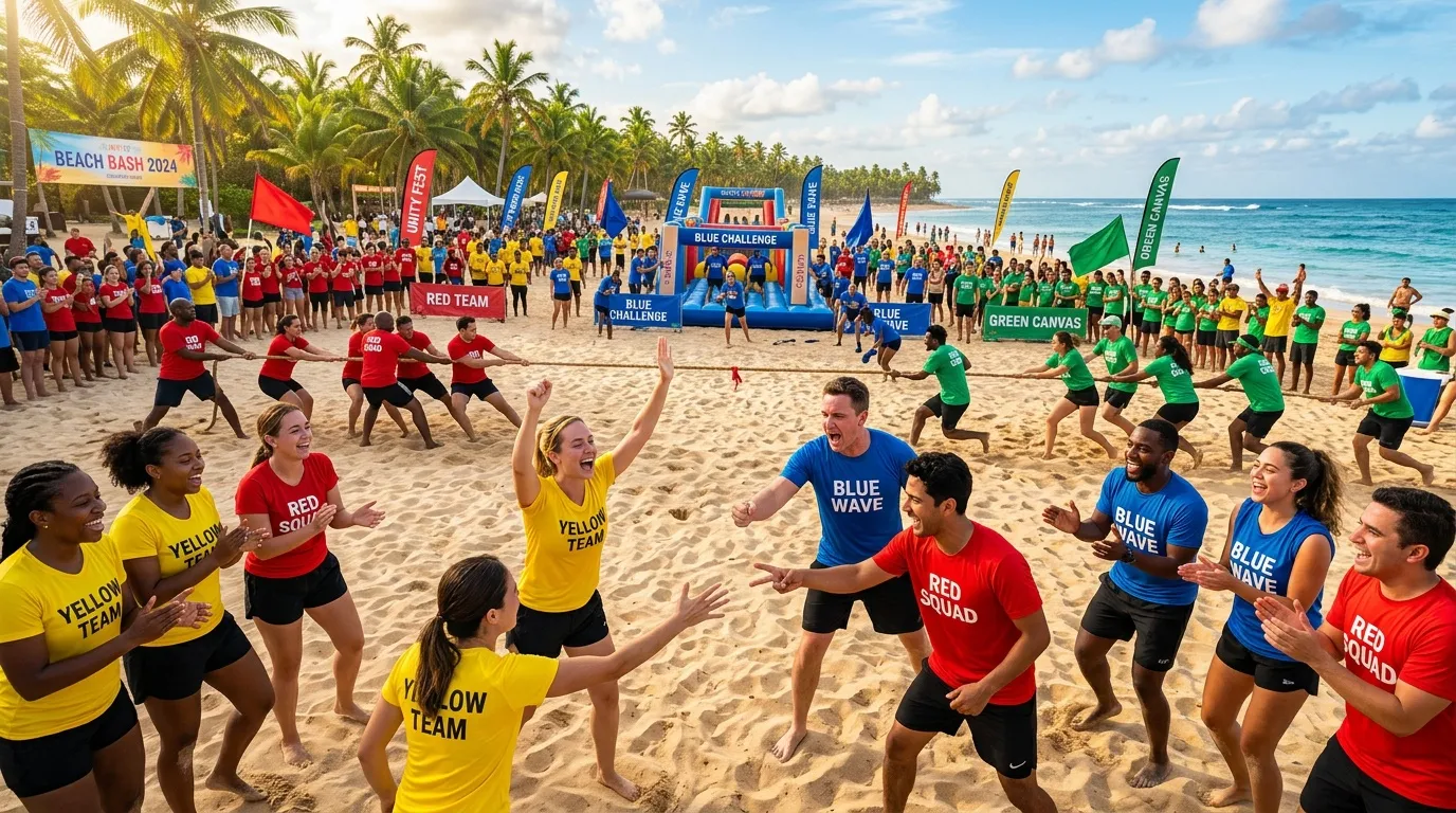 &Eacute;quipes color&eacute;es s'affrontent lors d'un &eacute;v&eacute;nement Beach Bash 2024