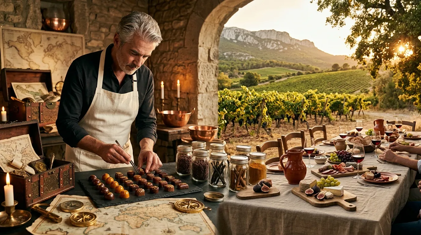 Chef pr&eacute;pare des plats devant vignobles et montagne verdoyante