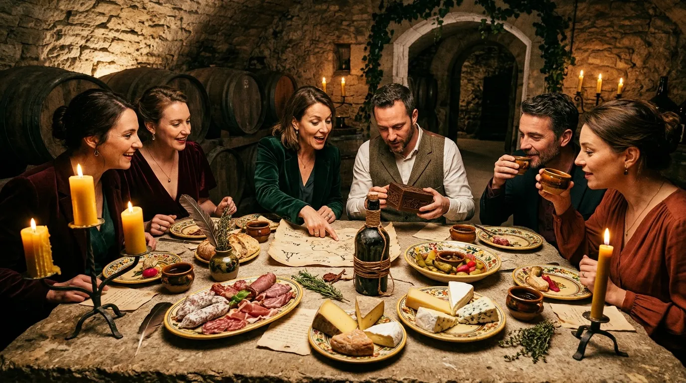 Six personnes d&eacute;gustent un repas festif &agrave; la chandelle en cave.