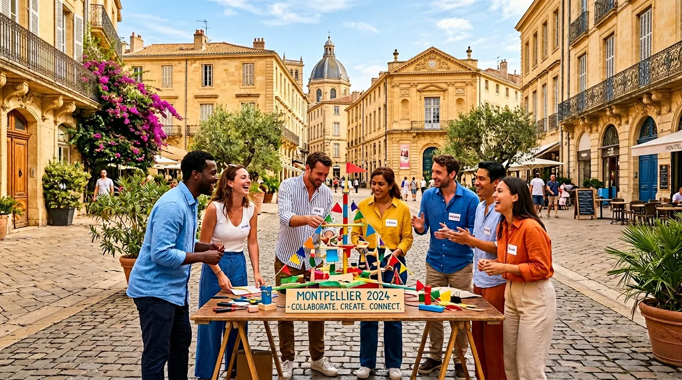 Équipe internationale autour d'une table créative à Montpellier